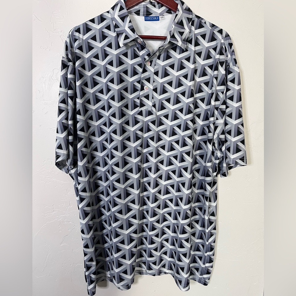 Hreski Premium‎ Golf Polo Gray and Black Geometric Pattern Art Deco Men's XXL